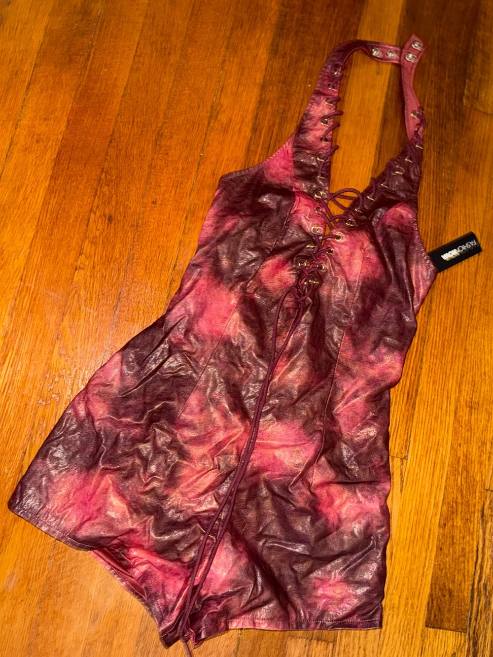Fashion Nova Burgundy & Pink Lace-Up Halter Chemise